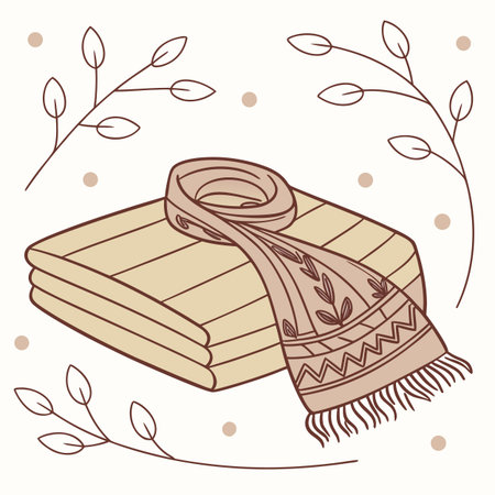 Hand drawn illustration of a warm knitted scarf and plaid.のイラスト素材