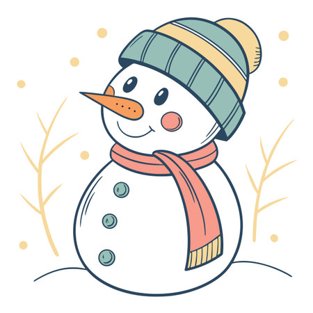 Cute snowman with scarf and hat. Vector illustration in cartoon style.のイラスト素材