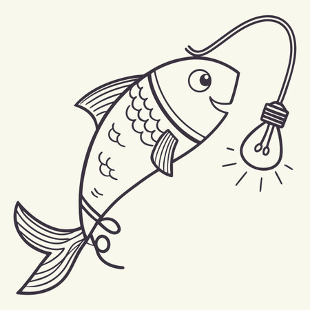 Fishing rod with fish. Vector illustration. Outline drawing.のイラスト素材