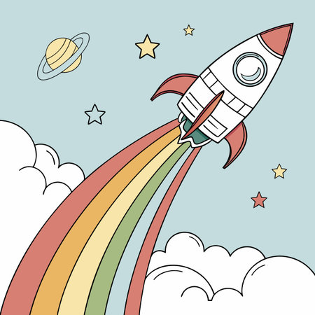 space rocket and stars cartoon vector illustration graphic design in pastel colorsのイラスト素材