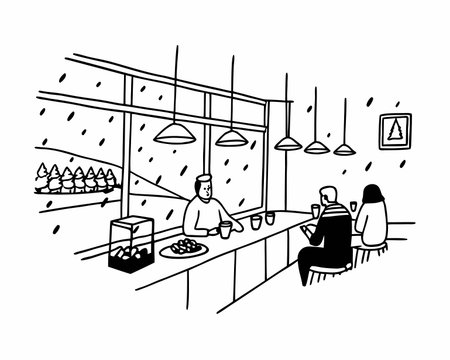 Cafe or restaurant interior with people sitting and drinking coffee. Black and white vector illustration.のイラスト素材