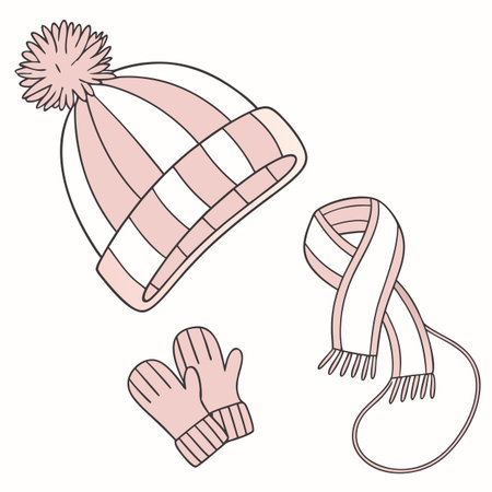 Winter hat, scarf and mittens. Hand drawn vector illustration.のイラスト素材