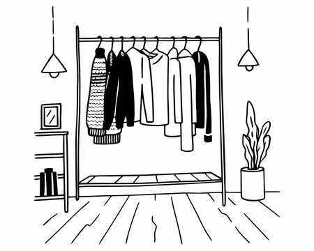 Dressing room interior with clothes hanging on hangers. Black and white vector illustration.のイラスト素材