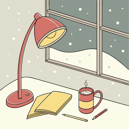 Illustration of a window with a cup of coffee, a book and a lampのイラスト素材