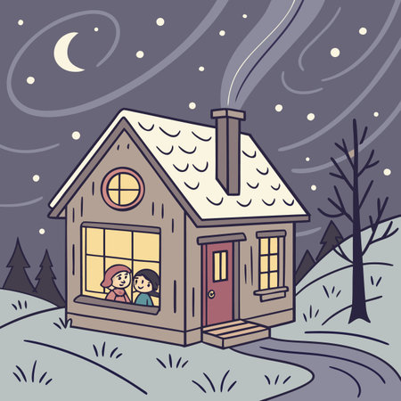 Vector illustration of a little girl and her mother in front of a house in winterのイラスト素材