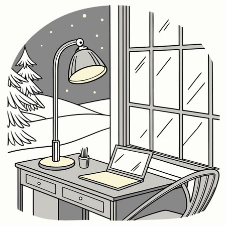 Illustration of a home office with a window and a laptop.のイラスト素材