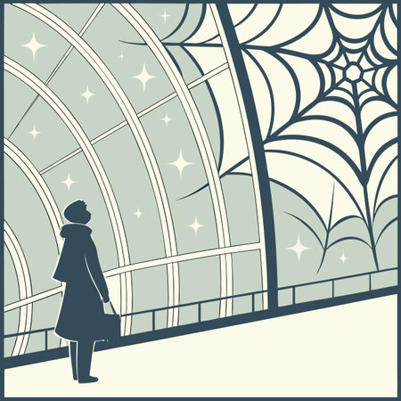 Illustration of a woman walking in the tunnel with cobwebsのイラスト素材