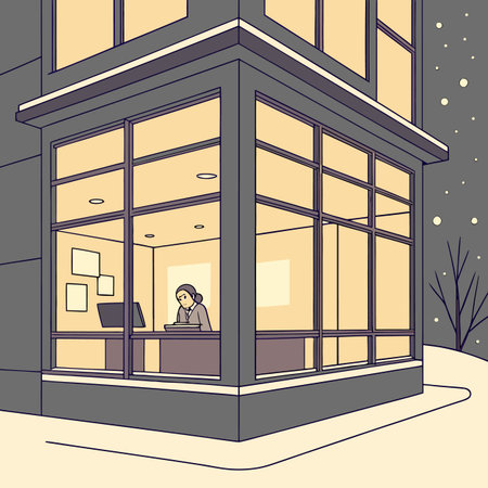 Vector illustration of a woman working in a cafe on a winter streetのイラスト素材