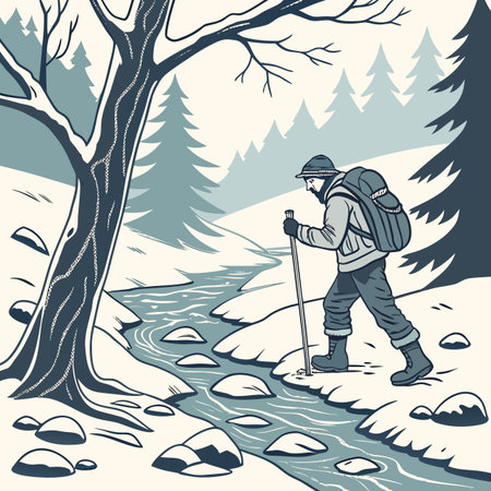 Hiking in the mountains. Vector illustration of a man with a backpack and trekking poles.のイラスト素材