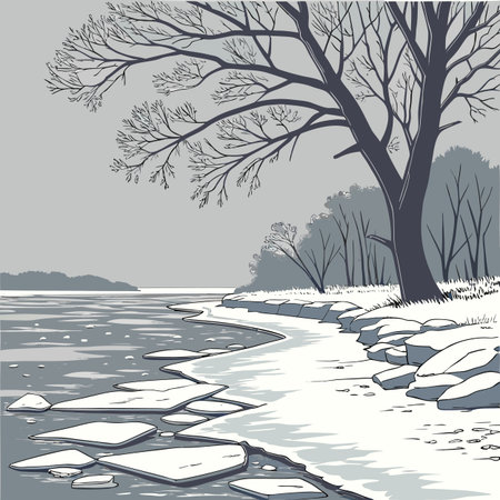 Winter landscape with frozen river, trees and ice. Vector illustration.のイラスト素材
