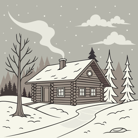 Winter landscape with a wooden house. Vector illustration in cartoon style.のイラスト素材