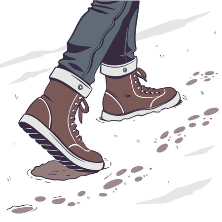 Illustration of a man's feet in winter boots walking on iceのイラスト素材