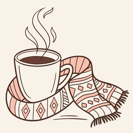Cup of coffee and scarf. Vector illustration in doodle style.のイラスト素材