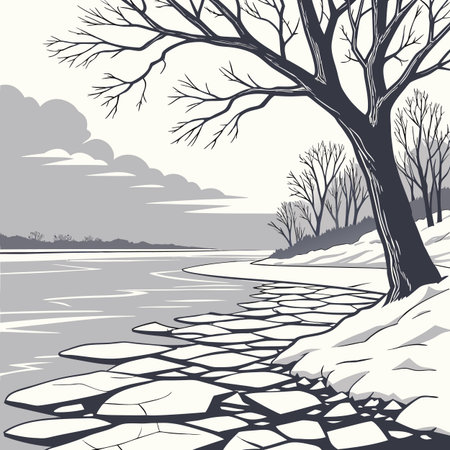 Winter landscape with a frozen lake and bare trees. Vector illustration.のイラスト素材