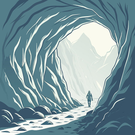 Vector hand drawn illustration of a man walking in a cave. Hiking theme.のイラスト素材