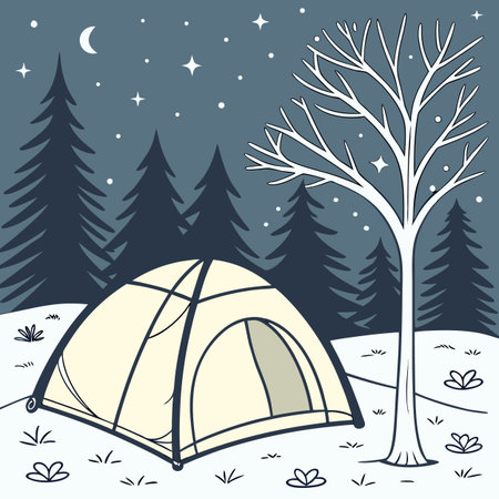 Camping tent in the winter forest. Vector illustration in flat styleのイラスト素材