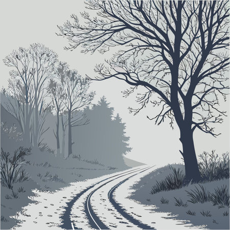 Vector illustration of a country road in the winter forest with trees.のイラスト素材