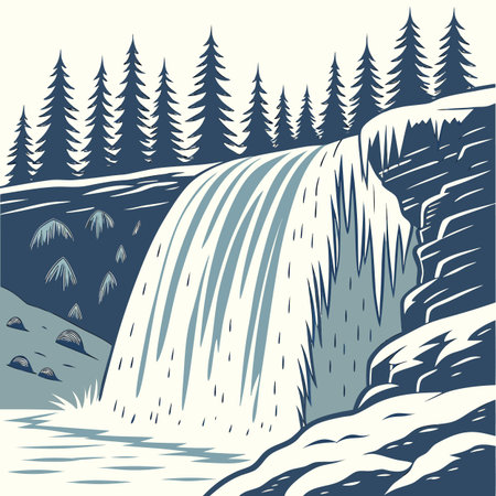 Illustration of a waterfall in the forest. Hand drawn vector illustration.のイラスト素材