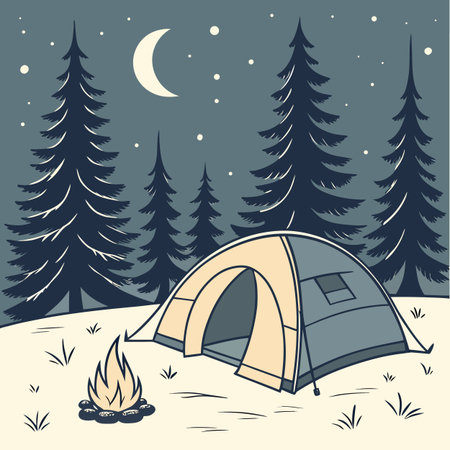 Camping in the forest at night. Vector illustration in flat styleのイラスト素材