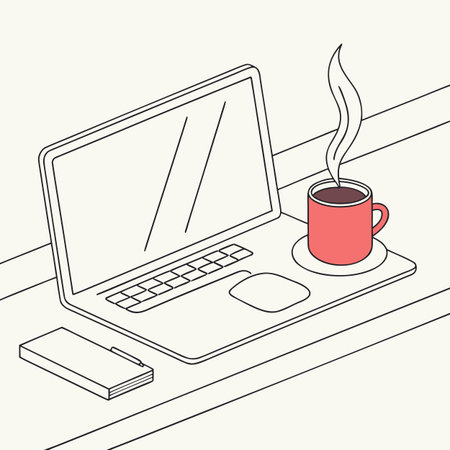 Laptop and cup of coffee on the table. Vector illustration.のイラスト素材