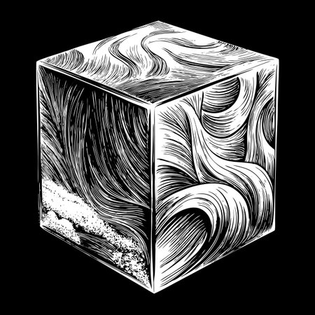 Cube. Black and white engraved ink art. Isolated on black background.のイラスト素材