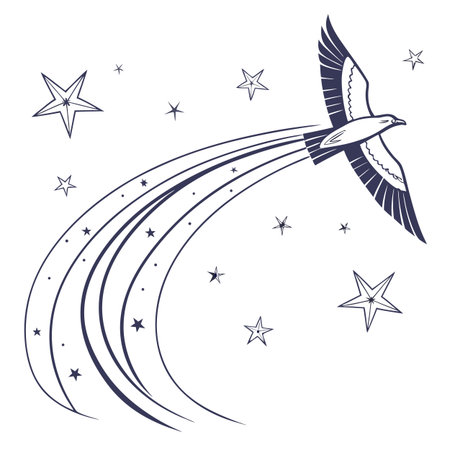 Vector illustration of a flying seagull on a background of stars.のイラスト素材