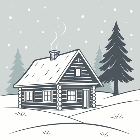 Winter landscape with wooden house, fir trees and snowflakes. Vector illustration.のイラスト素材