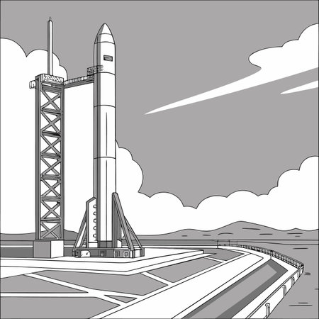Space rocket on the road. Vector illustration in black and white colors.のイラスト素材