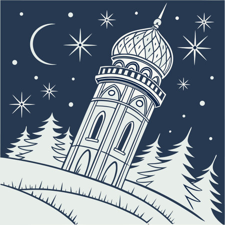 Illustration of a tower on the background of the night sky.のイラスト素材
