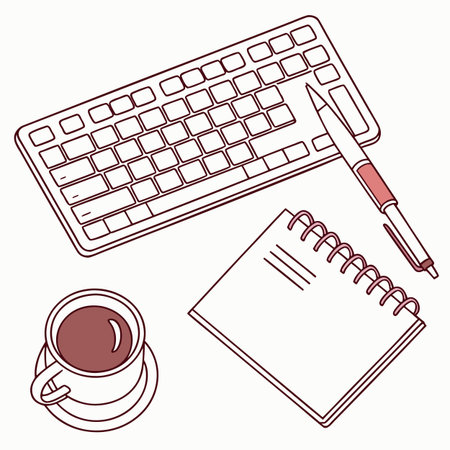 computer keyboard and notebook with pen and coffee cup vector illustration graphic designのイラスト素材