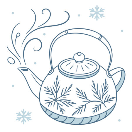 Vector illustration of a teapot on a white background with snowflakesのイラスト素材