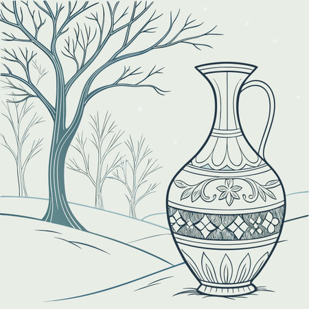 Vase on the background of the winter landscape. Vector illustration.のイラスト素材