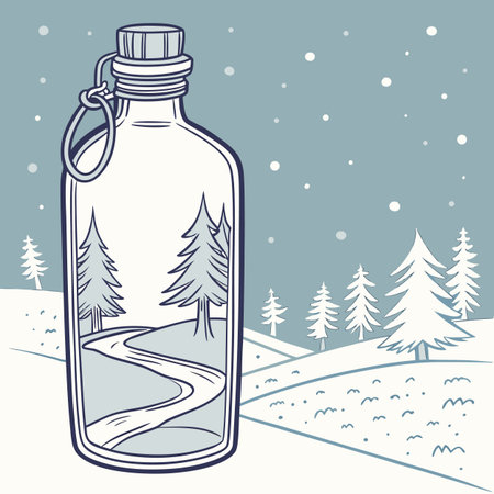 Winter landscape with a bottle. Vector illustration in hand drawn style.のイラスト素材