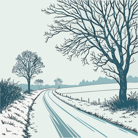 Country road with trees and grass in winter season. Vector illustration.のイラスト素材