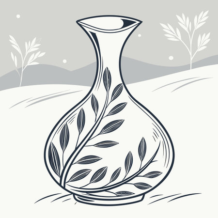 Stylized vase with leaves on the background of the winter landscape.のイラスト素材