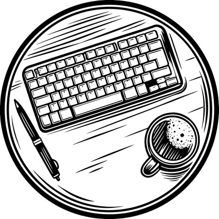 illustration of a computer keyboard and coffee cup on the table.のイラスト素材