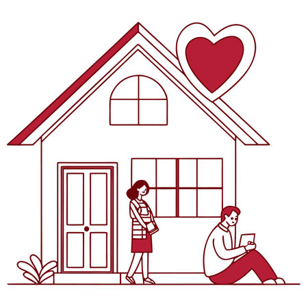 couple with smartphone in front of house cartoon vector illustration graphic designのイラスト素材