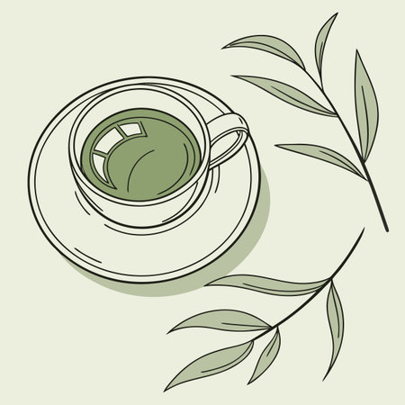 Cup of green tea with leaves. Hand drawn vector illustration.のイラスト素材