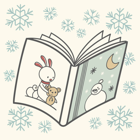 Vector illustration of a book with cute cartoon animals and snowflakesのイラスト素材