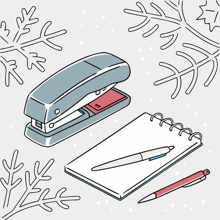Stapler, notebook, pen and snowflakes. Vector illustration.のイラスト素材