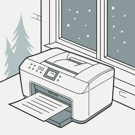 Vector illustration of a printer with a paper sheet in the window on a winter dayのイラスト素材