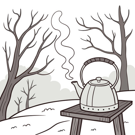 Vector illustration of a kettle on a table in the winter forest.のイラスト素材