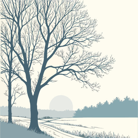 Winter landscape with trees, road and lake. Vector illustration for your designのイラスト素材