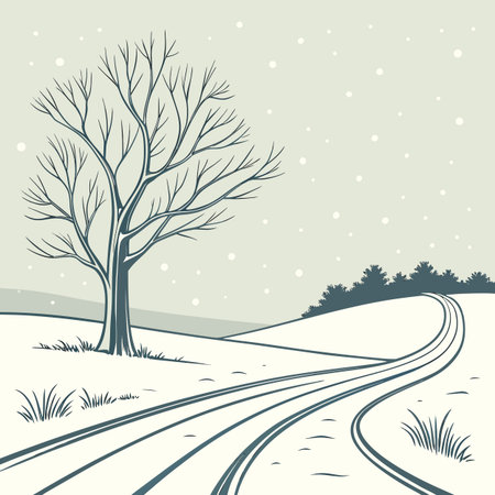 Winter landscape with road, trees and snowflakes. Vector illustration.のイラスト素材