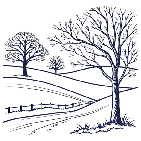 Winter landscape with trees, road and fence. Hand drawn vector illustration.のイラスト素材