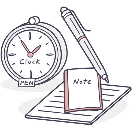 Vector illustration of a clock, notepad and pen. Time management concept.のイラスト素材