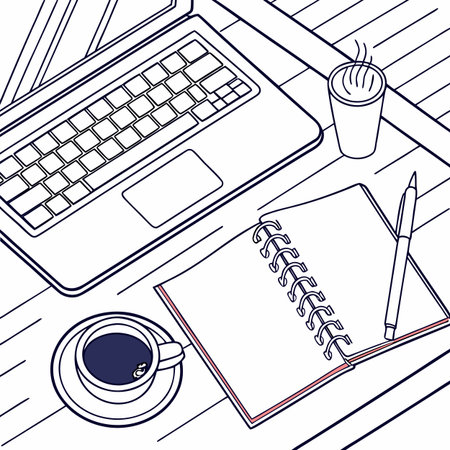 workplace with laptop and cup of coffee vector illustration graphic design sketchのイラスト素材