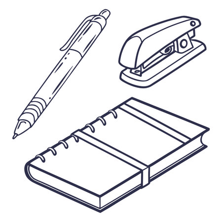 Set of office supplies. Pen, notebook and stapler. Vector illustrationのイラスト素材