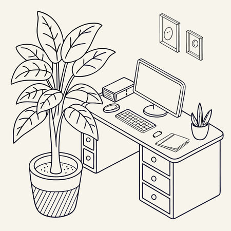 Workplace isometric vector illustration. Workplace with computer and plants.のイラスト素材