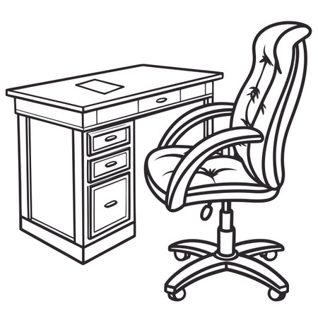 Office chair and desk. Black and white vector illustration for coloring book.のイラスト素材